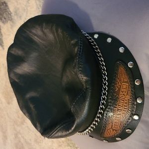1980s, Harley-Davidson black leather Captains riding cap, L- XL
